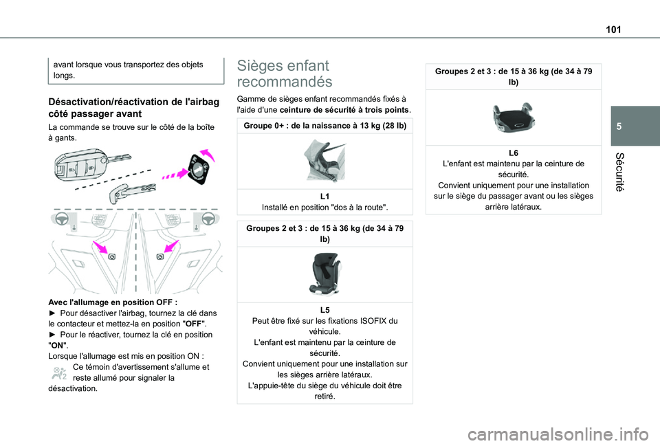 TOYOTA PROACE CITY 2021  Notices Demploi (in French) 101
Sécurité
5
avant lorsque vous transportez des objets longs.
Désactivation/réactivation de l'airbag 
côté passager avant
La commande se trouve sur le côté de la boîte à gants. 
 
Avec