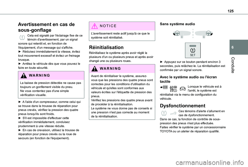 TOYOTA PROACE CITY 2021 Notices Demploi (in French) 125
Conduite
6
Avertissement en cas de
sous-gonflage
Cela est signalé par l'éclairage fixe de ce témoin d'avertissement, par un signal sonore qui retentit et, en fonction de l'équipem TOYOTA PROACE CITY 2021 Notices Demploi (in French) 125
Conduite
6
Avertissement en cas de
sous-gonflage
Cela est signalé par l'éclairage fixe de ce témoin d'avertissement, par un signal sonore qui retentit et, en fonction de l'équipem