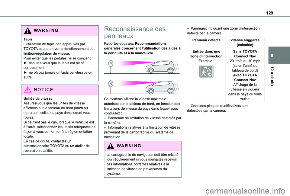 TOYOTA PROACE CITY 2021 Notices Demploi (in French) 129
Conduite
6
WARNI NG
TapisL'utilisation de tapis non approuvés par TOYOTA peut entraver le fonctionnement du limiteur/régulateur de vitesse.Pour éviter que les pédales ne se coincent :► a TOYOTA PROACE CITY 2021 Notices Demploi (in French) 129
Conduite
6
WARNI NG
TapisL'utilisation de tapis non approuvés par TOYOTA peut entraver le fonctionnement du limiteur/régulateur de vitesse.Pour éviter que les pédales ne se coincent :► a