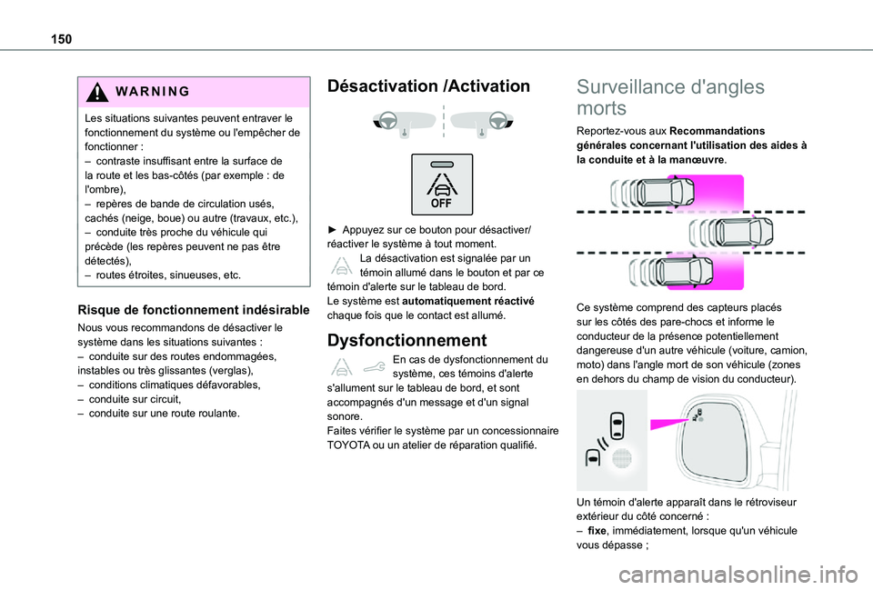 TOYOTA PROACE CITY 2021  Notices Demploi (in French) 150
WARNI NG
Les situations suivantes peuvent entraver le fonctionnement du système ou l'empêcher de fonctionner :– contraste insuffisant entre la surface de la route et les bas-côtés (par e