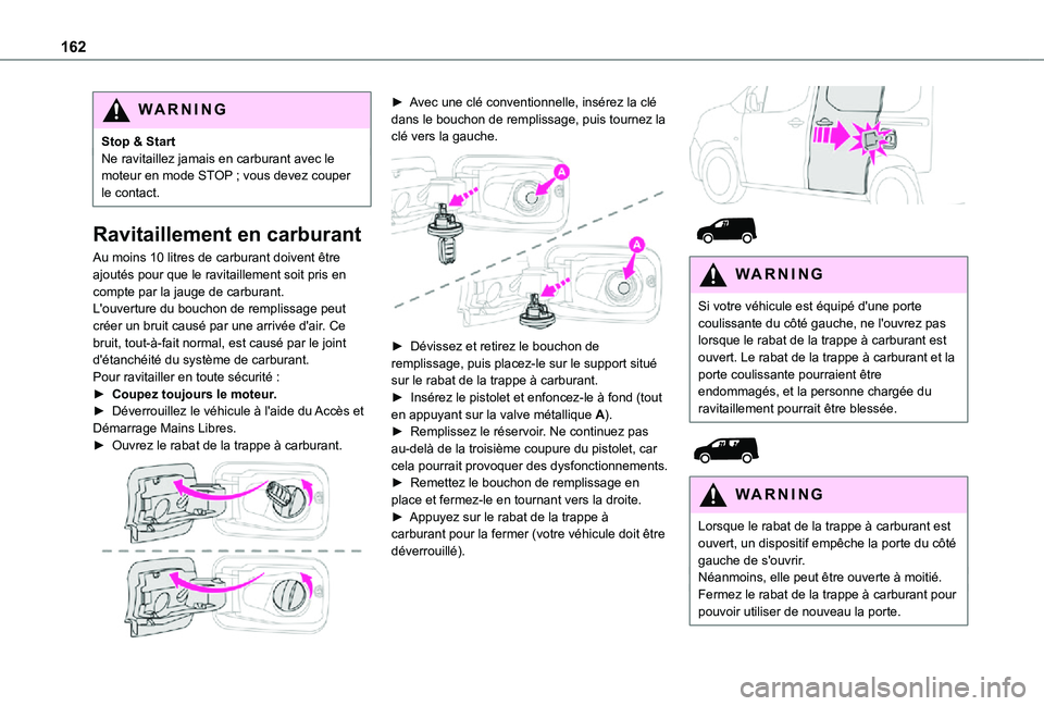 TOYOTA PROACE CITY 2021  Notices Demploi (in French) 162
WARNI NG
Stop & StartNe ravitaillez jamais en carburant avec le moteur en mode STOP  ; vous devez couper le contact.
Ravitaillement en carburant
Au moins 10 litres de carburant doivent être ajout