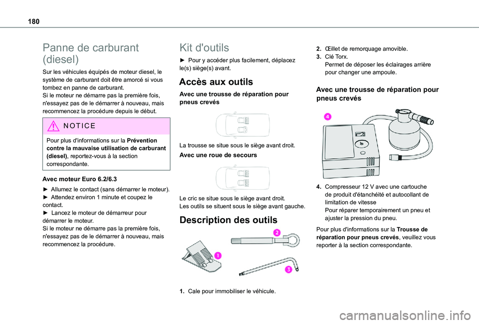 TOYOTA PROACE CITY 2021  Notices Demploi (in French) 180
Panne de carburant 
(diesel)
Sur les véhicules équipés de moteur diesel, le système de carburant doit être amorcé si vous tombez en panne de carburant.Si le moteur ne démarre pas la premiè