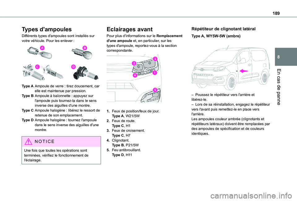 TOYOTA PROACE CITY 2021  Notices Demploi (in French) 189
En cas de panne
8
Types d'ampoules
Différents types d'ampoules sont installés sur votre véhicule. Pour les enlever : 
 
Type AAmpoule de verre : tirez doucement, car elle est maintenue 