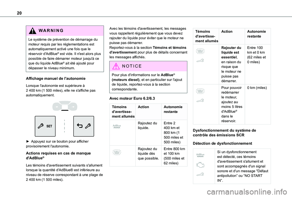 TOYOTA PROACE CITY 2021 Notices Demploi (in French) 20
WARNI NG
Le système de prévention de démarrage du moteur requis par les réglementations est automatiquement activé une fois que le réservoir d'AdBlue® est vide. Il n'est alors plus p TOYOTA PROACE CITY 2021 Notices Demploi (in French) 20
WARNI NG
Le système de prévention de démarrage du moteur requis par les réglementations est automatiquement activé une fois que le réservoir d'AdBlue® est vide. Il n'est alors plus p