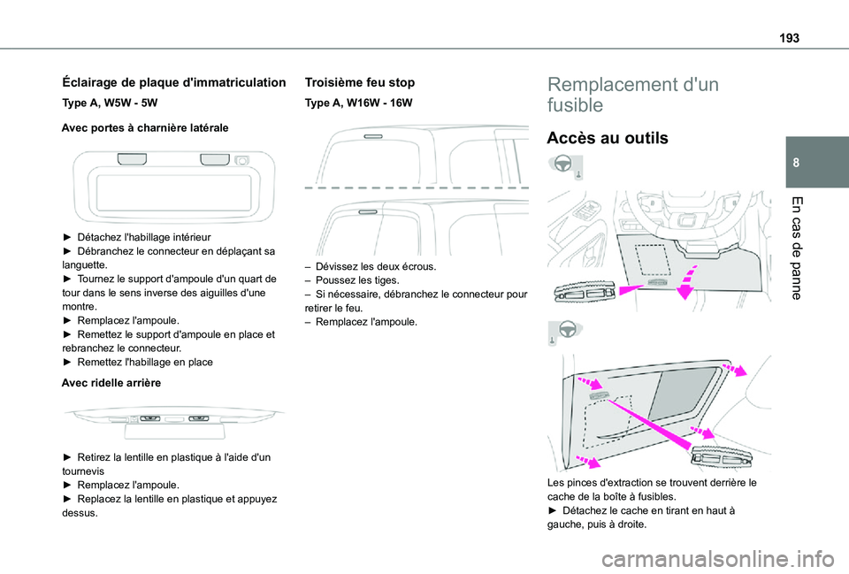 TOYOTA PROACE CITY 2021  Notices Demploi (in French) 193
En cas de panne
8
Éclairage de plaque d'immatriculation
Type A, W5W - 5W
Avec portes à charnière latérale
 
 
► Détachez l'habillage intérieur► Débranchez le connecteur en dépl