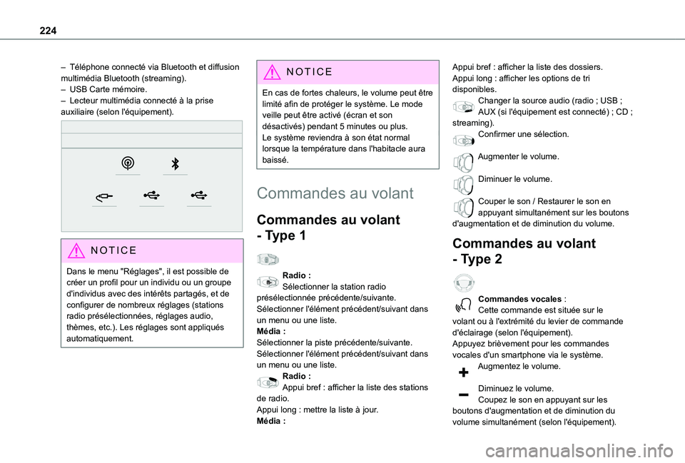 TOYOTA PROACE CITY 2021  Notices Demploi (in French) 224
– Téléphone connecté via Bluetooth et diffusion multimédia Bluetooth (streaming).–  USB Carte mémoire.– Lecteur multimédia connecté à la prise auxiliaire (selon l'équipement). 
