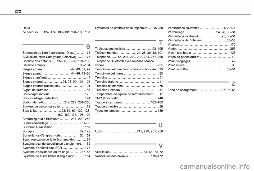 TOYOTA PROACE CITY 2021  Notices Demploi (in French) 272
Roue  de secours   124, 174, 180–181, 184–185, 187
S
Saturation du filtre à particules (Diesel)   174SCR (Réduction Catalytique Sélective)   175Sécurité des enfants   95–96, 98–99, 10