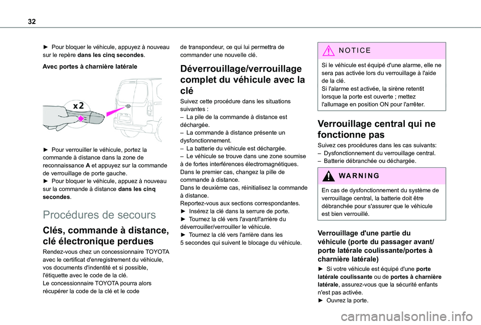 TOYOTA PROACE CITY 2021  Notices Demploi (in French) 32
► Pour bloquer le véhicule, appuyez à nouveau sur le repère dans les cinq secondes.
Avec portes à charnière latérale
 
 
► Pour verrouiller le véhicule, portez la commande à distance da