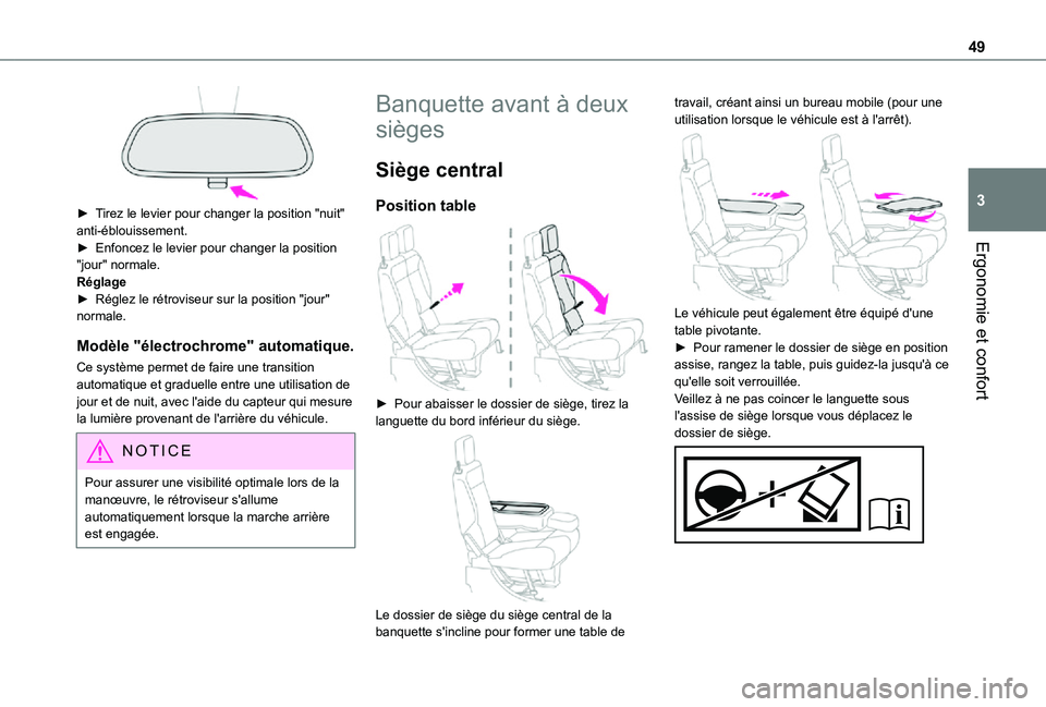 TOYOTA PROACE CITY 2021 Notices Demploi (in French) 49
Ergonomie et confort
3
► Tirez le levier pour changer la position "nuit" anti-éblouissement.► Enfoncez le levier pour changer la position "jour" normale.Réglage► Réglez l TOYOTA PROACE CITY 2021 Notices Demploi (in French) 49
Ergonomie et confort
3
► Tirez le levier pour changer la position "nuit" anti-éblouissement.► Enfoncez le levier pour changer la position "jour" normale.Réglage► Réglez l