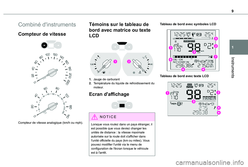 TOYOTA PROACE CITY 2021  Notices Demploi (in French) 9
Instruments
1
Combiné d'instruments
Compteur de vitesse 
  
 
Compteur de vitesse analogique (km/h ou mph).
Témoins sur le tableau de 
bord avec matrice ou texte 
LCD 
 
1.Jauge de carburant
2