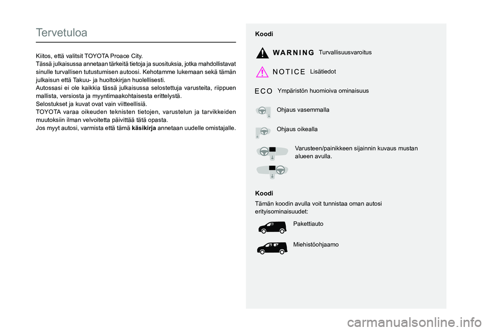 TOYOTA PROACE CITY 2021  Omistajan Käsikirja (in Finnish)  
  
 
  
 
  
  
   
   
 
  
   
  
    
   
Tervetuloa
Kiitos, että valitsit TOYOTA Proace City.Tässä julkaisussa annetaan tärkeitä tietoja ja suosituksia, jotka mahdollistavat sinulle turvall