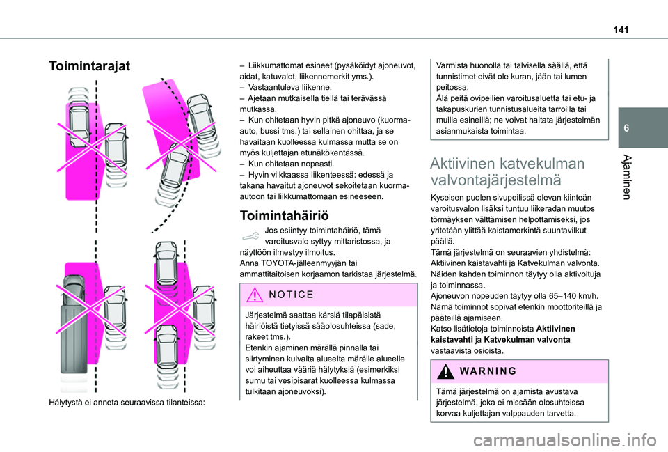 TOYOTA PROACE CITY 2021 Omistajan Käsikirja (in Finnish) 141
Ajaminen
6
Toimintarajat
Hälytystä ei anneta seuraavissa tilanteissa:
– Liikkumattomat esineet (pysäköidyt ajoneuvot, aidat, katuvalot, liikennemerkit yms.).– Vastaantuleva liikenne. TOYOTA PROACE CITY 2021 Omistajan Käsikirja (in Finnish) 141
Ajaminen
6
Toimintarajat
Hälytystä ei anneta seuraavissa tilanteissa:
– Liikkumattomat esineet (pysäköidyt ajoneuvot, aidat, katuvalot, liikennemerkit yms.).– Vastaantuleva liikenne.