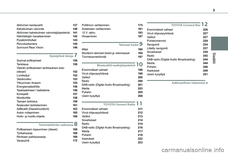 TOYOTA PROACE CITY 2021  Omistajan Käsikirja (in Finnish) 3
Sisältö
Aktiivinen kaistavahti  137Katvekulman valvonta  140Aktiivinen katvekulman valvontajärjestelmä  141Häiriötekijän havaitseminen  142Pysäköintitutkat  143Peruutuskamera  145Surround R