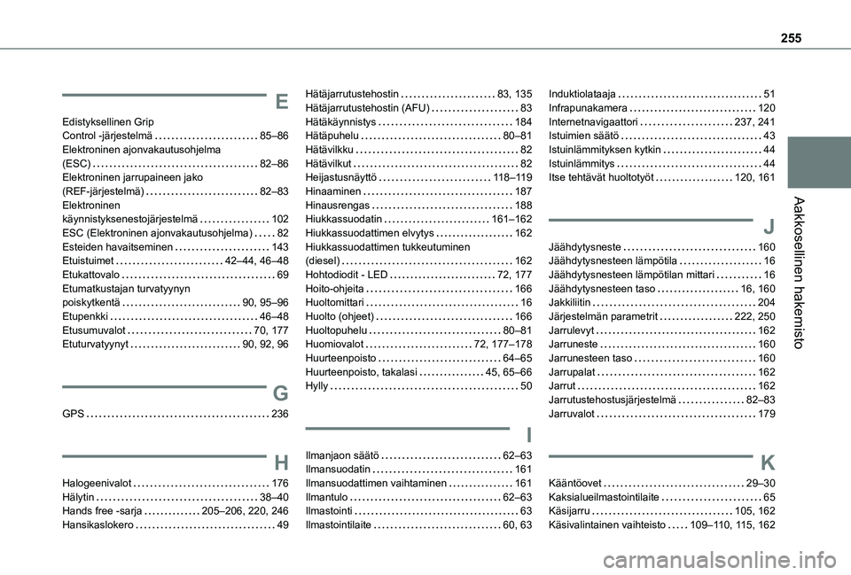 TOYOTA PROACE CITY 2021  Omistajan Käsikirja (in Finnish) 255
Aakkosellinen hakemisto
E
Edistyksellinen Grip  Control -järjestelmä   85–86Elektroninen ajonvakautusohjelma  (ESC)   82–86Elektroninen jarrupaineen jako  (REF-järjestelmä)   82–83Elektr