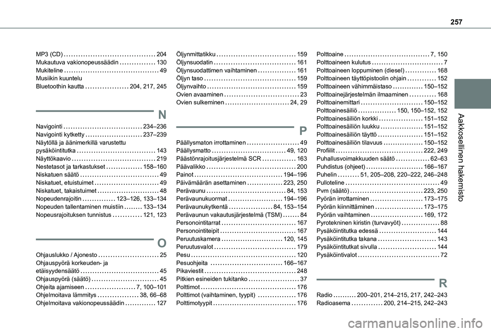 TOYOTA PROACE CITY 2021  Omistajan Käsikirja (in Finnish) 257
Aakkosellinen hakemisto
MP3 (CD)   204Mukautuva vakionopeussäädin   130Mukiteline   49Musiikin kuuntelu  Bluetoothin kautta   204, 217, 245
N
Navigointi   234–236Navigointi kytketty   237–23