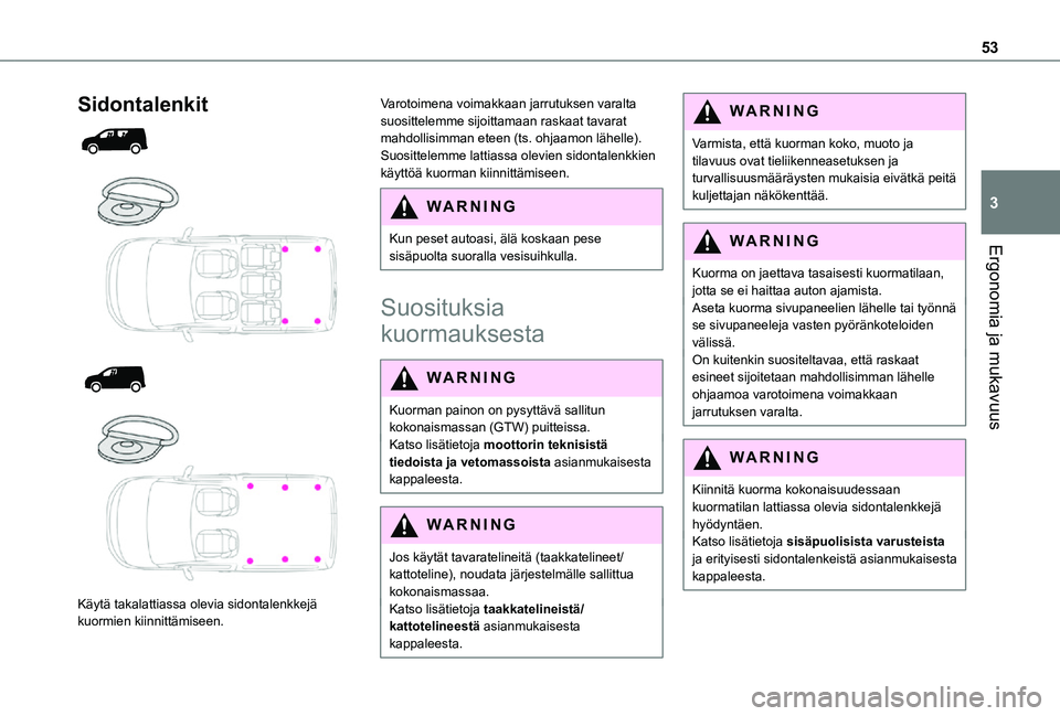 TOYOTA PROACE CITY 2021  Omistajan Käsikirja (in Finnish) 53
Ergonomia ja mukavuus
3
Sidontalenkit 
  
  
  
 
Käytä takalattiassa olevia sidontalenkkejä kuormien kiinnittämiseen.
Varotoimena voimakkaan jarrutuksen varalta suosittelemme sijoittamaan rask