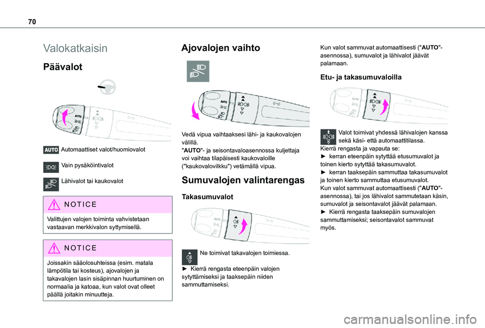 TOYOTA PROACE CITY 2021  Omistajan Käsikirja (in Finnish) 70
Valokatkaisin
Päävalot 
  
 
Automaattiset valot/huomiovalot 
Vain pysäköintivalot 
Lähivalot tai kaukovalot 
NOTIC E
Valittujen valojen toiminta vahvistetaan vastaavan merkkivalon syttymisell