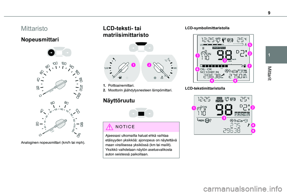 TOYOTA PROACE CITY 2021 Omistajan Käsikirja (in Finnish) 9
Mittarit
1
Mittaristo
Nopeusmittari
Analoginen nopeusmittari (km/h tai mph).
LCD-teksti- tai
matriisimittaristo
1.Polttoainemittari.
2.Moottorin jäähdytysnesteen lämpömittari.
Näyttö TOYOTA PROACE CITY 2021 Omistajan Käsikirja (in Finnish) 9
Mittarit
1
Mittaristo
Nopeusmittari
Analoginen nopeusmittari (km/h tai mph).
LCD-teksti- tai
matriisimittaristo
1.Polttoainemittari.
2.Moottorin jäähdytysnesteen lämpömittari.
Näyttö