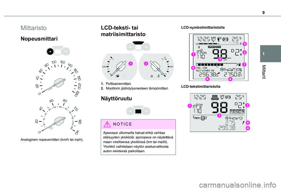 TOYOTA PROACE CITY 2021  Omistajan Käsikirja (in Finnish) 9
Mittarit
1
Mittaristo
Nopeusmittari 
  
 
Analoginen nopeusmittari (km/h tai mph).
LCD-teksti- tai 
matriisimittaristo 
 
1.Polttoainemittari.
2.Moottorin jäähdytysnesteen lämpömittari.
Näyttö