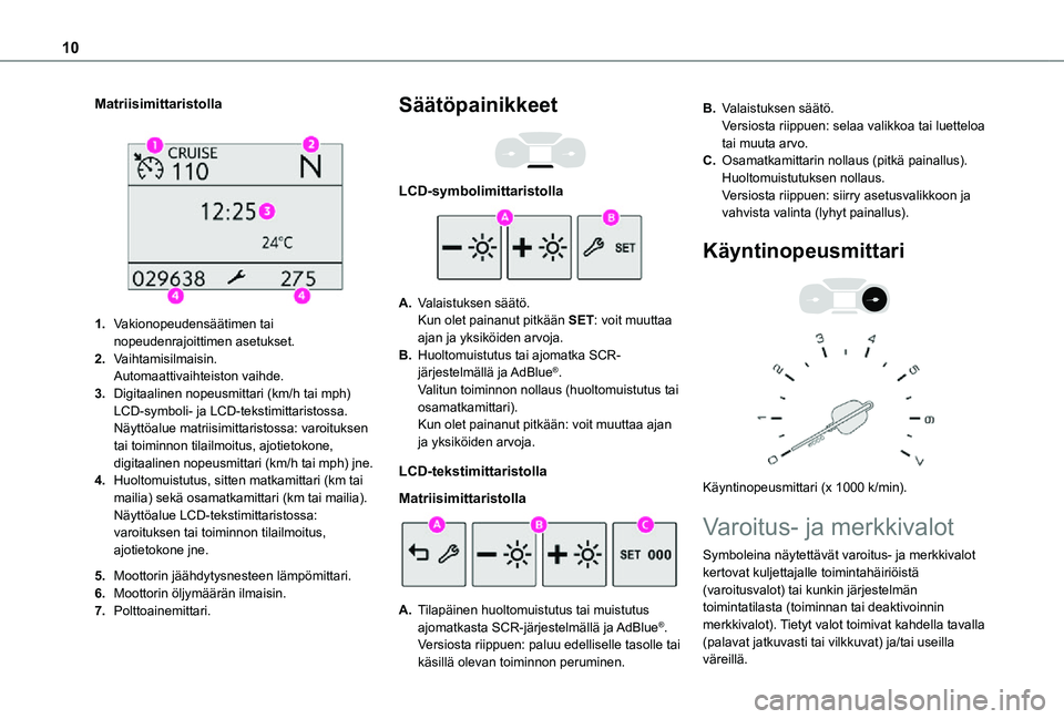 TOYOTA PROACE CITY 2021  Omistajan Käsikirja (in Finnish) 10
Matriisimittaristolla 
 
1.Vakionopeudensäätimen tai nopeudenrajoittimen asetukset.
2.Vaihtamisilmaisin.Automaattivaihteiston vaihde.
3.Digitaalinen nopeusmittari (km/h tai mph) LCD-symboli- ja L
