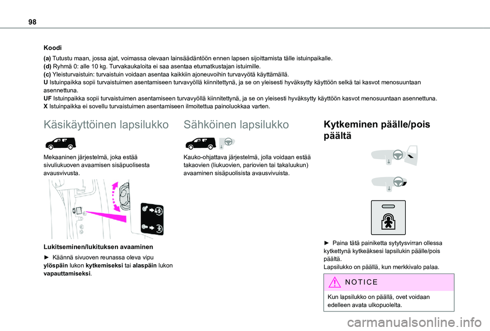 TOYOTA PROACE CITY 2021 Omistajan Käsikirja (in Finnish) 98
Koodi
(a) Tutustu maan, jossa ajat, voimassa olevaan lainsäädäntöön \
ennen lapsen sijoittamista tälle istuinpaikalle.(d) Ryhmä 0: alle 10 kg. Turvakaukaloita ei saa asentaa etumatkustajan i TOYOTA PROACE CITY 2021 Omistajan Käsikirja (in Finnish) 98
Koodi
(a) Tutustu maan, jossa ajat, voimassa olevaan lainsäädäntöön \
ennen lapsen sijoittamista tälle istuinpaikalle.(d) Ryhmä 0: alle 10 kg. Turvakaukaloita ei saa asentaa etumatkustajan i