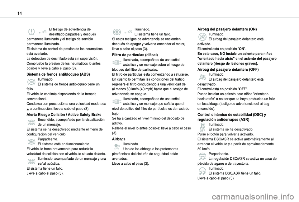TOYOTA PROACE CITY 2021 Manuale de Empleo (in Spanish) 14
El testigo de advertencia de desinflado parpadea y después permanece iluminado y el testigo de servicio permanece iluminado.El sistema de control de presión de los neumáticos está averiado.La d TOYOTA PROACE CITY 2021 Manuale de Empleo (in Spanish) 14
El testigo de advertencia de desinflado parpadea y después permanece iluminado y el testigo de servicio permanece iluminado.El sistema de control de presión de los neumáticos está averiado.La d