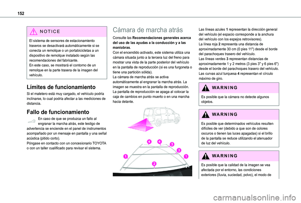 TOYOTA PROACE CITY 2021 Manuale de Empleo (in Spanish) 152
NOTIC E
El sistema de sensores de estacionamiento traseros se desactivará automáticamente si se conecta un remolque o un portabicicletas a un dispositivo de remolque instalado según las recomen TOYOTA PROACE CITY 2021 Manuale de Empleo (in Spanish) 152
NOTIC E
El sistema de sensores de estacionamiento traseros se desactivará automáticamente si se conecta un remolque o un portabicicletas a un dispositivo de remolque instalado según las recomen
