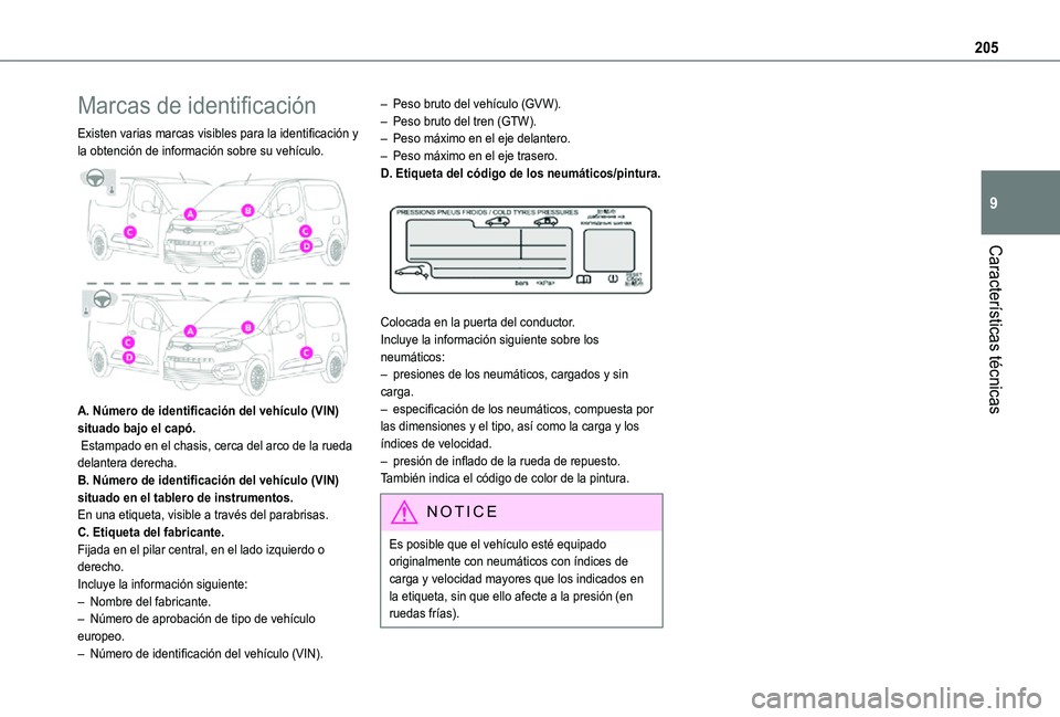 TOYOTA PROACE CITY 2021 Manuale de Empleo (in Spanish) 205
Características técnicas
9
Marcas de identificación
Existen varias marcas visibles para la identificación y la obtención de información sobre su vehículo.
A. Número de identificación d TOYOTA PROACE CITY 2021 Manuale de Empleo (in Spanish) 205
Características técnicas
9
Marcas de identificación
Existen varias marcas visibles para la identificación y la obtención de información sobre su vehículo.
A. Número de identificación d