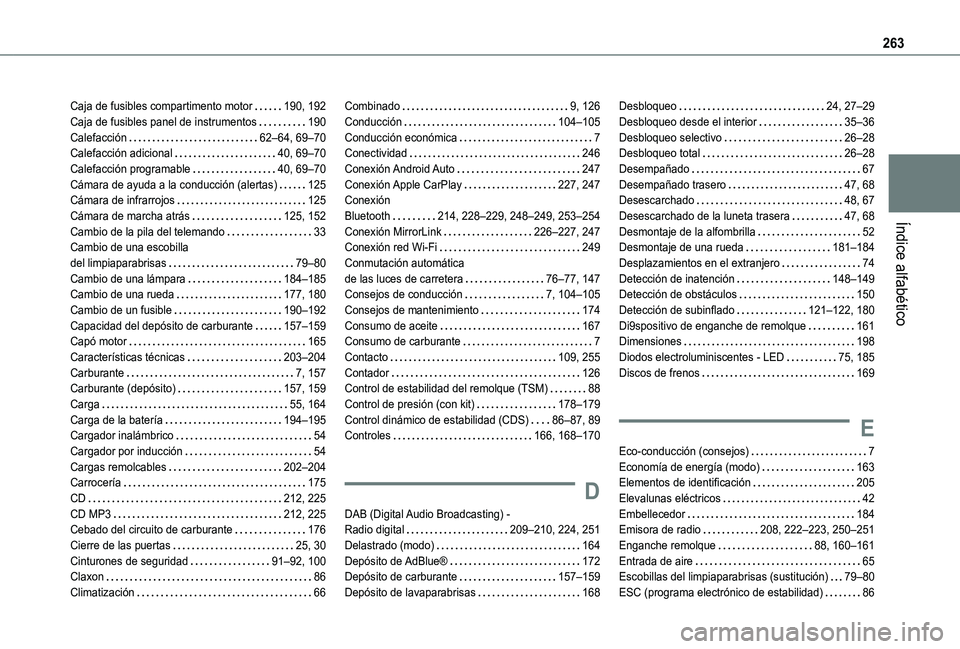 TOYOTA PROACE CITY 2021  Manuale de Empleo (in Spanish) 263
Índice alfabético
Caja de fusibles compartimento motor   190, 192Caja de fusibles panel de instrumentos   190Calefacción   62–64, 69–70Calefacción adicional   40, 69–70Calefacción progr