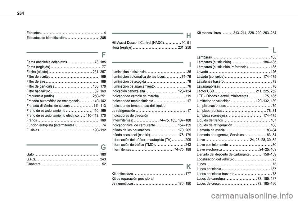 TOYOTA PROACE CITY 2021  Manuale de Empleo (in Spanish) 264
Etiquetas   4Etiquetas de identificación   205
F
Faros antiniebla delanteros   73, 185Faros (reglajes)   77Fecha (ajuste)   231, 257Filtro de aceite   169Filtro de aire   169Filtro de partículas