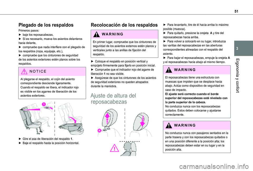 TOYOTA PROACE CITY 2021 Manuale de Empleo (in Spanish) 51
ErgonomÃa y confort
3
Plegado de los respaldos
Primeros pasos:â–º baje los reposacabezas,â–º Si es necesario, mueva los asientos delanteros hacia delante,â–º compruebe que nada interfiere con el p TOYOTA PROACE CITY 2021 Manuale de Empleo (in Spanish) 51
ErgonomÃa y confort
3
Plegado de los respaldos
Primeros pasos:â–º baje los reposacabezas,â–º Si es necesario, mueva los asientos delanteros hacia delante,â–º compruebe que nada interfiere con el p