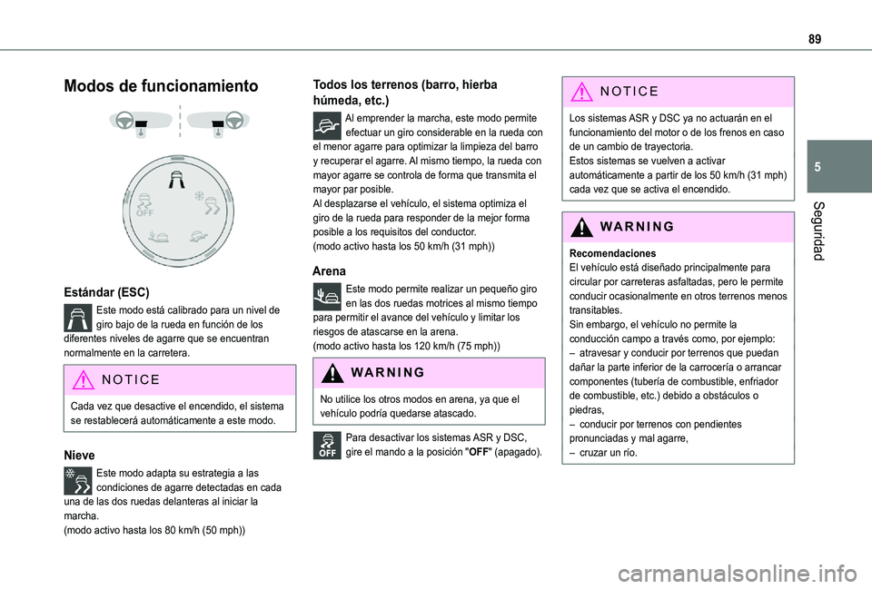 TOYOTA PROACE CITY 2021  Manuale de Empleo (in Spanish) 89
Seguridad
5
Modos de funcionamiento 
  
 
Estándar (ESC)
Este modo está calibrado para un nivel de giro bajo de la rueda en función de los diferentes niveles de agarre que se encuentran normalme
