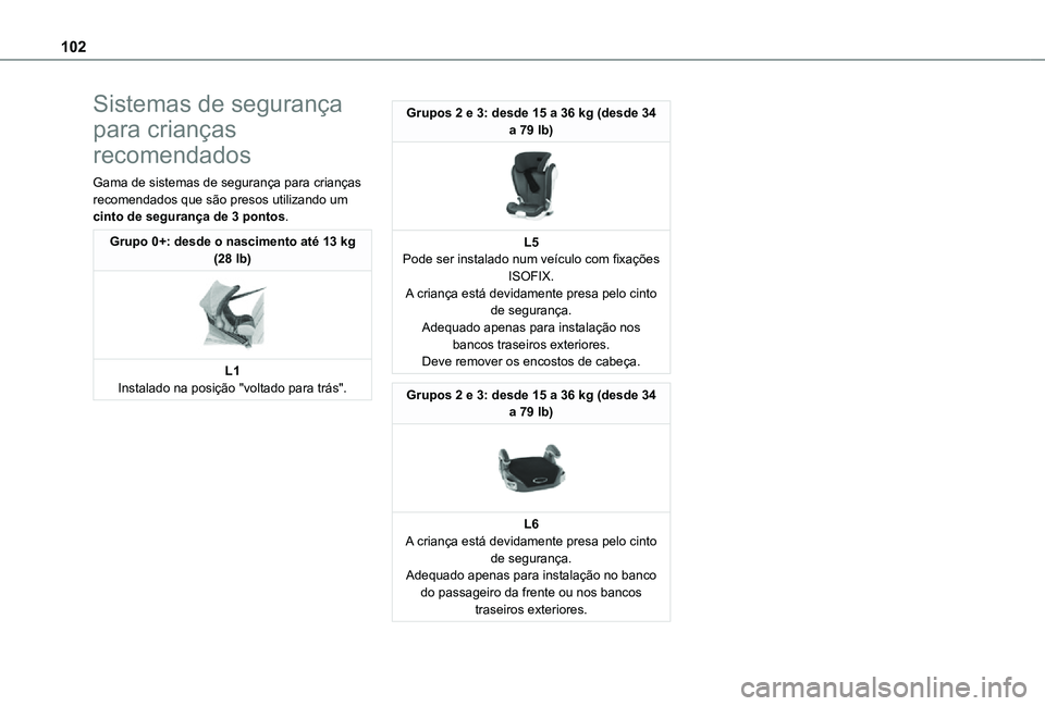 TOYOTA PROACE CITY 2021  Manual de utilização (in Portuguese) 102
Sistemas de segurança 
para crianças 
recomendados
Gama de sistemas de segurança para crianças recomendados que são presos utilizando um cinto de segurança de 3 pontos.
Grupo 0+: desde o nas