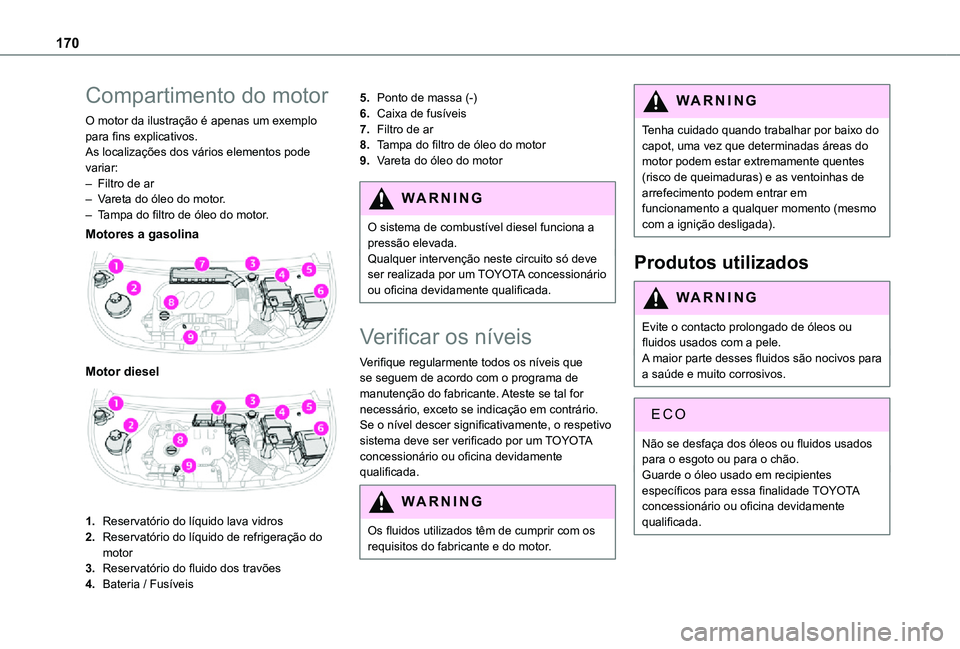 TOYOTA PROACE CITY 2021 Manual de utilização (in Portuguese) 170
Compartimento do motor
O motor da ilustração é apenas um exemplo para fins explicativos.As localizações dos vários elementos pode variar:– Filtro de ar– Vareta do óleo do motor.– Tamp TOYOTA PROACE CITY 2021 Manual de utilização (in Portuguese) 170
Compartimento do motor
O motor da ilustração é apenas um exemplo para fins explicativos.As localizações dos vários elementos pode variar:– Filtro de ar– Vareta do óleo do motor.– Tamp