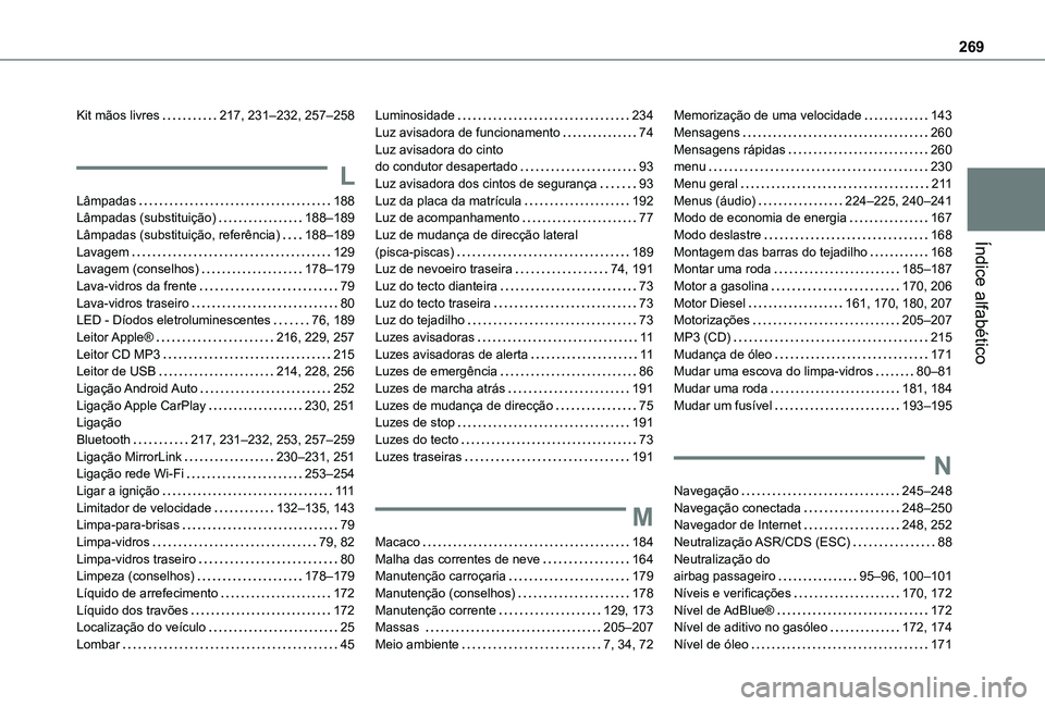 TOYOTA PROACE CITY 2021 Manual de utilização (in Portuguese) 269
Índice alfabético
Kit mãos livres 217, 231–232, 257–258
L
Lâmpadas 188Lâmpadas (substituição) 188–189Lâmpadas (substituição, referência) 188–189Lavagem 129Lavagem (con TOYOTA PROACE CITY 2021 Manual de utilização (in Portuguese) 269
Índice alfabético
Kit mãos livres 217, 231–232, 257–258
L
Lâmpadas 188Lâmpadas (substituição) 188–189Lâmpadas (substituição, referência) 188–189Lavagem 129Lavagem (con