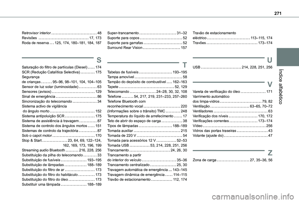 TOYOTA PROACE CITY 2021  Manual de utilização (in Portuguese) 271
Índice alfabético
Retrovisor interior   48Revisões    17, 173Roda de reserva   125, 174, 180–181, 184, 187
S
Saturação do filtro de partículas (Diesel)   174SCR (Redução Catalítica Sele