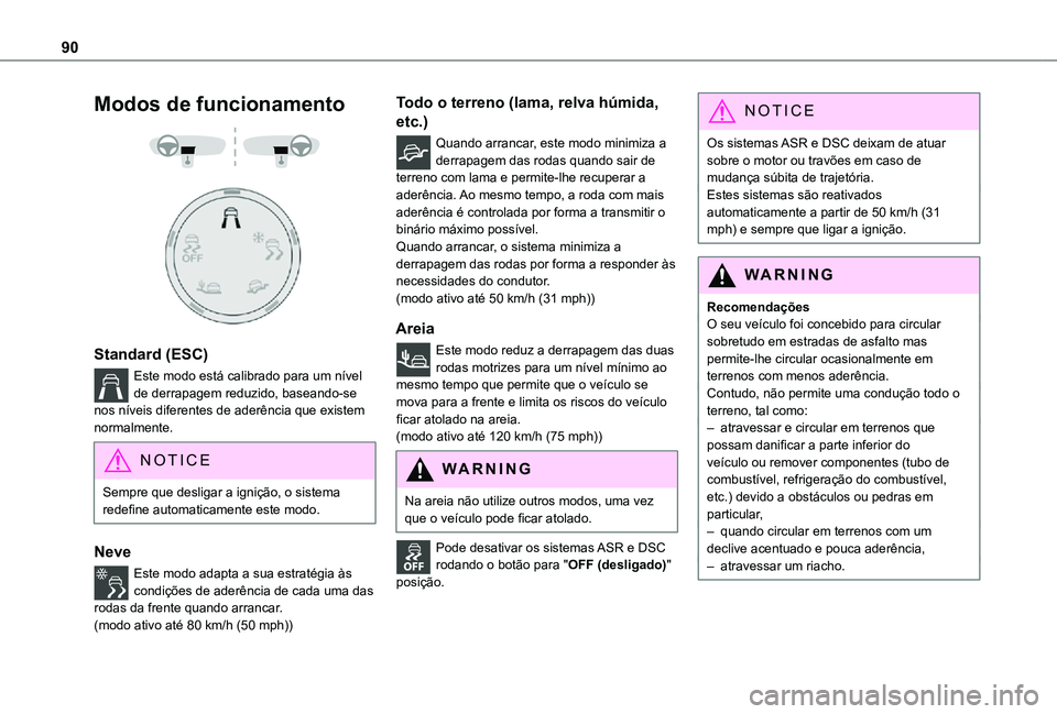 TOYOTA PROACE CITY 2021  Manual de utilização (in Portuguese) 90
Modos de funcionamento 
  
 
Standard (ESC)
Este modo está calibrado para um nível de derrapagem reduzido, baseando-se nos níveis diferentes de aderência que existem normalmente.
NOTIC E
Sempre