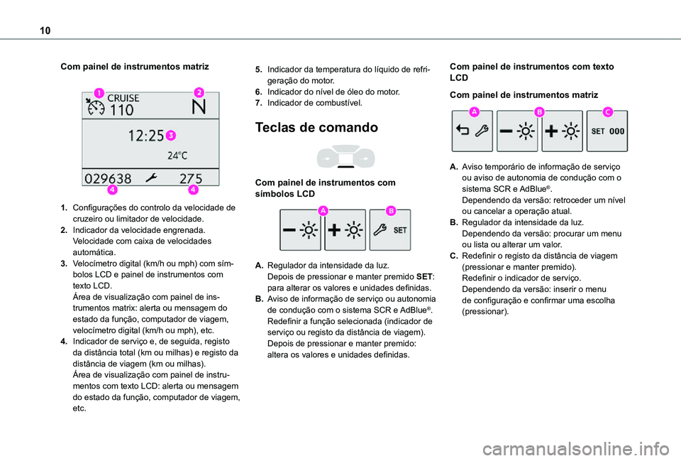 TOYOTA PROACE CITY 2021  Manual de utilização (in Portuguese) 10
Com painel de instrumentos matriz 
 
1.Configurações do controlo da velocidade de cruzeiro ou limitador de velocidade.
2.Indicador da velocidade engrenada.Velocidade com caixa de velocidades auto