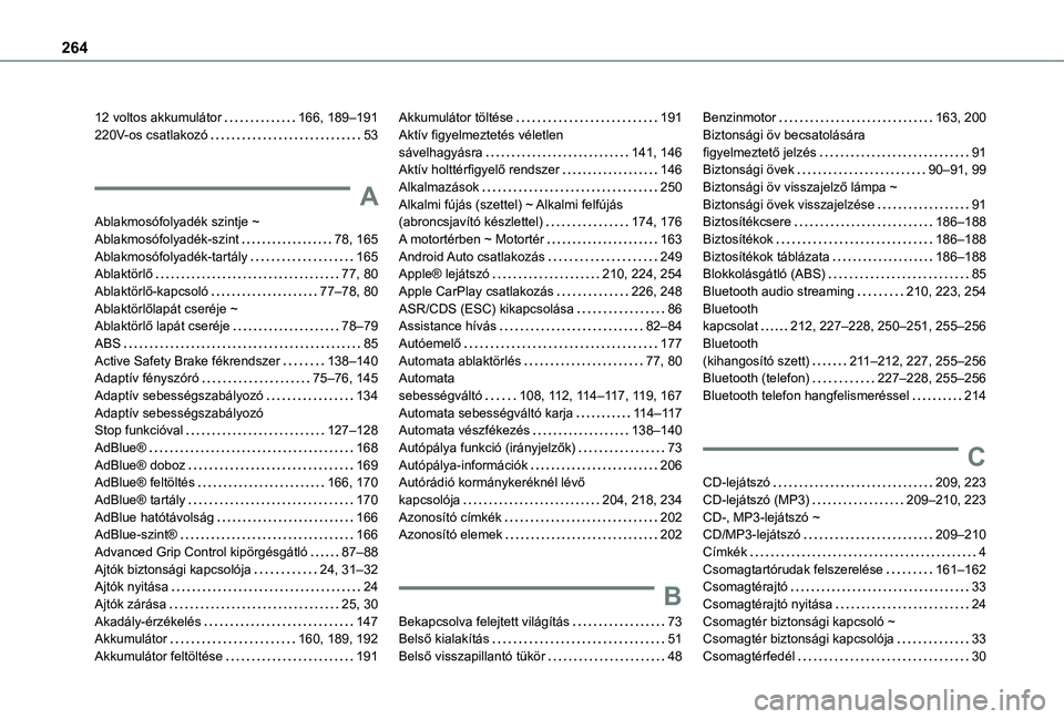 TOYOTA PROACE CITY 2021 Kezelési útmutató (in Hungarian) 264
12 voltos akkumulátor 166, 189–191220V-os csatlakozó 53
A
Ablakmosófolyadék szintje ~ Ablakmosófolyadék-szint 78, 165Ablakmosófolyadék-tartály 165Ablaktörlő 77, 80Ablaktörl TOYOTA PROACE CITY 2021 Kezelési útmutató (in Hungarian) 264
12 voltos akkumulátor 166, 189–191220V-os csatlakozó 53
A
Ablakmosófolyadék szintje ~ Ablakmosófolyadék-szint 78, 165Ablakmosófolyadék-tartály 165Ablaktörlő 77, 80Ablaktörl
