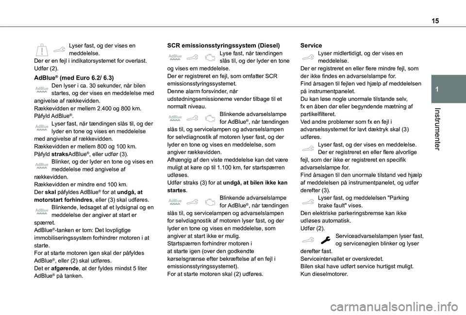 TOYOTA PROACE CITY 2021 Brugsanvisning (in Danish) 15
Instrumenter
1
Lyser fast, og der vises en meddelelse.Der er en fejl i indikatorsystemet for overlast.Udfør (2).
AdBlue® (med Euro 6.2/ 6.3)Den lyser i ca. 30 sekunder, når bilen startes, og der TOYOTA PROACE CITY 2021 Brugsanvisning (in Danish) 15
Instrumenter
1
Lyser fast, og der vises en meddelelse.Der er en fejl i indikatorsystemet for overlast.Udfør (2).
AdBlue® (med Euro 6.2/ 6.3)Den lyser i ca. 30 sekunder, når bilen startes, og der
