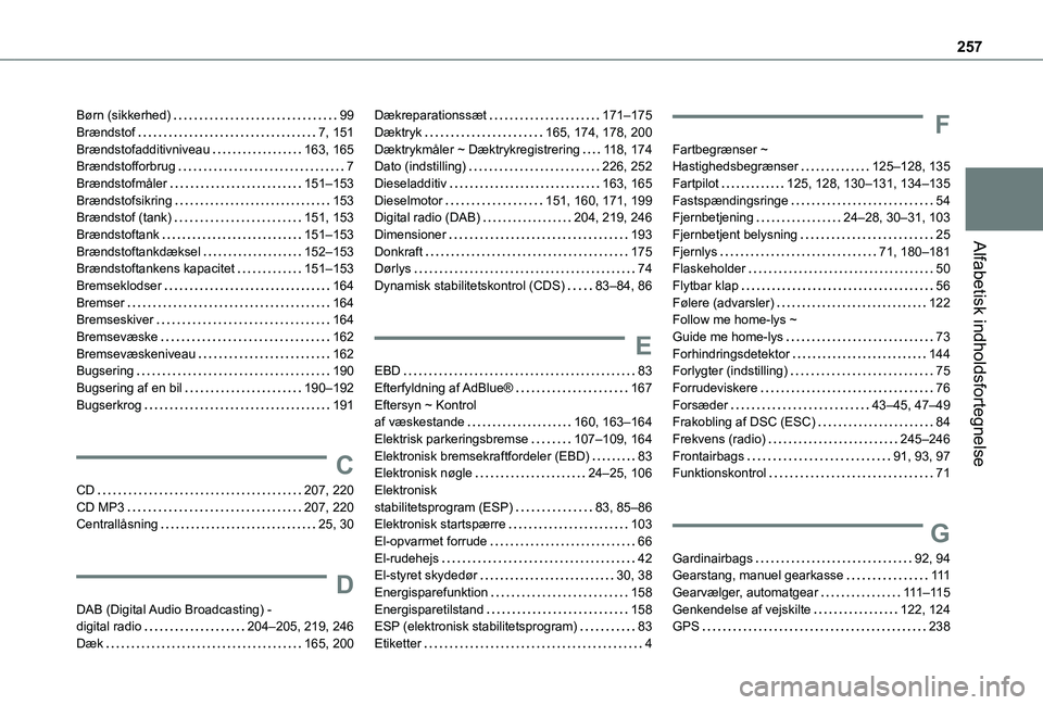 TOYOTA PROACE CITY 2021  Brugsanvisning (in Danish) 257
Alfabetisk indholdsfortegnelse
Børn (sikkerhed)   99Brændstof   7, 151Brændstofadditivniveau   163, 165Brændstofforbrug   7Brændstofmåler   151–153Brændstofsikring   153Brændstof (tank) 