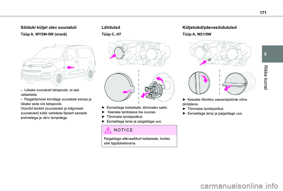 TOYOTA PROACE CITY 2021 Kasutusjuhend (in Estonian) 171
Rikke korral
8
Sõiduki küljel olev suunatuli
Tüüp A, WY5W-5W (oranž)
– Lükake suunatuld tahapoole, et see vabastada.– Paigaldamisel kinnitage suunatule esiosa ja lükake seda siis tah TOYOTA PROACE CITY 2021 Kasutusjuhend (in Estonian) 171
Rikke korral
8
Sõiduki küljel olev suunatuli
Tüüp A, WY5W-5W (oranž)
– Lükake suunatuld tahapoole, et see vabastada.– Paigaldamisel kinnitage suunatule esiosa ja lükake seda siis tah