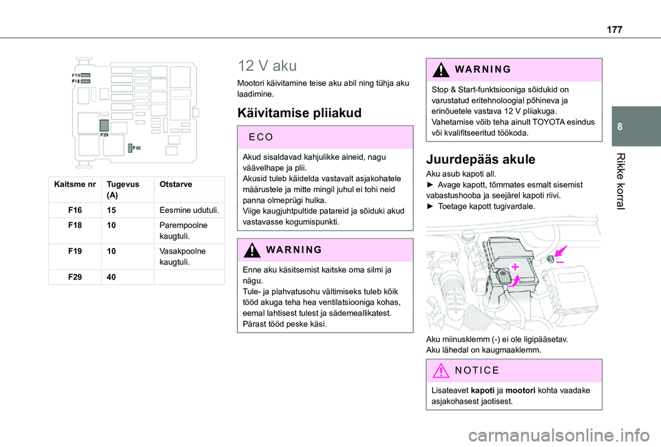 TOYOTA PROACE CITY 2021 Kasutusjuhend (in Estonian) 177
Rikke korral
8
Kaitsme nrTugevus(A)Otstarve
F1615Eesmine udutuli.
F1810Parempoolne kaugtuli.
F1910Vasakpoolne kaugtuli.
F2940
12 V aku
Mootori käivitamine teise aku abil ning tühja aku laadimi TOYOTA PROACE CITY 2021 Kasutusjuhend (in Estonian) 177
Rikke korral
8
Kaitsme nrTugevus(A)Otstarve
F1615Eesmine udutuli.
F1810Parempoolne kaugtuli.
F1910Vasakpoolne kaugtuli.
F2940
12 V aku
Mootori käivitamine teise aku abil ning tühja aku laadimi