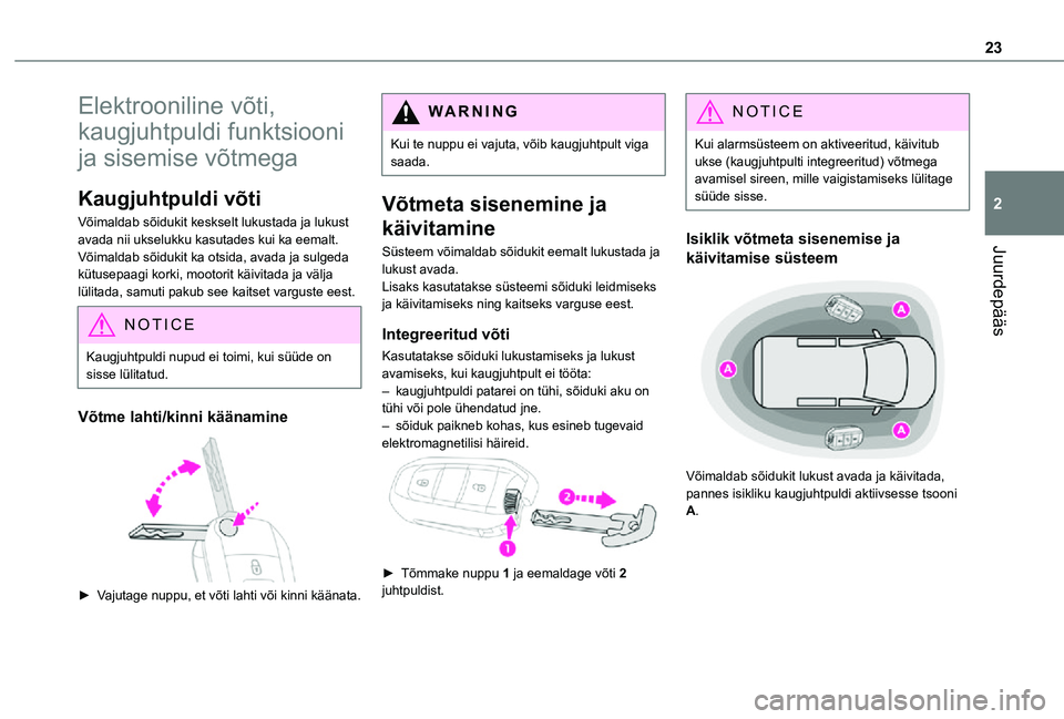 TOYOTA PROACE CITY 2021 Kasutusjuhend (in Estonian) 23
Juurdepääs
2
Elektrooniline võti,
kaugjuhtpuldi funktsiooni
ja sisemise võtmega
Kaugjuhtpuldi võti
Võimaldab sõidukit keskselt lukustada ja lukust avada nii ukselukku kasutades kui ka eema TOYOTA PROACE CITY 2021 Kasutusjuhend (in Estonian) 23
Juurdepääs
2
Elektrooniline võti,
kaugjuhtpuldi funktsiooni
ja sisemise võtmega
Kaugjuhtpuldi võti
Võimaldab sõidukit keskselt lukustada ja lukust avada nii ukselukku kasutades kui ka eema