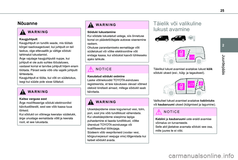 TOYOTA PROACE CITY 2021 Kasutusjuhend (in Estonian) 25
Juurdepääs
2
Nõuanne
WARNI NG
KaugjuhtpultKaugjuhtpult on tundlik seade, mis töötab kõrgel raadiosagedusel; kui juhtpult on teil taskus, olge ettevaatlik ja vältige sõiduki tahtmatut lukust TOYOTA PROACE CITY 2021 Kasutusjuhend (in Estonian) 25
Juurdepääs
2
Nõuanne
WARNI NG
KaugjuhtpultKaugjuhtpult on tundlik seade, mis töötab kõrgel raadiosagedusel; kui juhtpult on teil taskus, olge ettevaatlik ja vältige sõiduki tahtmatut lukust