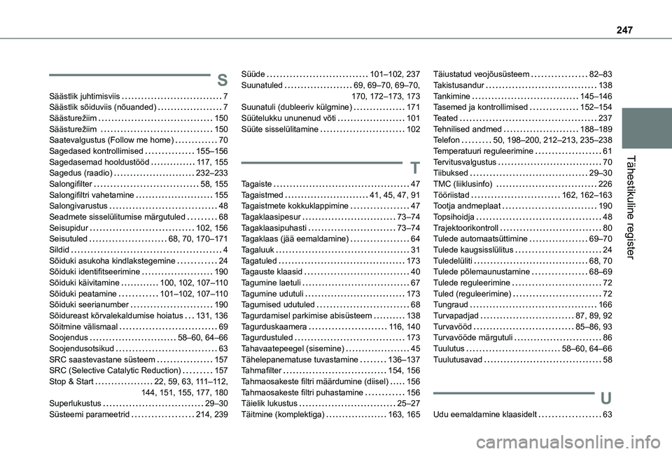 TOYOTA PROACE CITY 2021 Kasutusjuhend (in Estonian) 247
Tähestikuline register
S
Säästlik juhtimisviis 7Säästlik sõiduviis (nõuanded) 7Säästurežiim 150Säästurežiim 150Saatevalgustus (Follow me home) 70Sagedased kontrollimised TOYOTA PROACE CITY 2021 Kasutusjuhend (in Estonian) 247
Tähestikuline register
S
Säästlik juhtimisviis 7Säästlik sõiduviis (nõuanded) 7Säästurežiim 150Säästurežiim 150Saatevalgustus (Follow me home) 70Sagedased kontrollimised