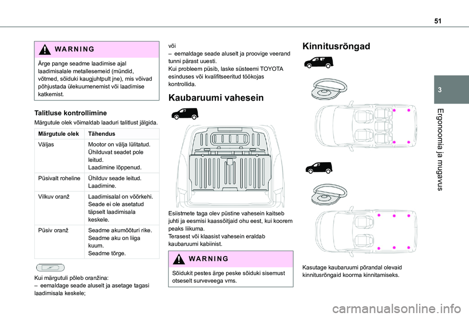 TOYOTA PROACE CITY 2021  Kasutusjuhend (in Estonian) 51
Ergonoomia ja mugavus
3
WARNI NG
Ärge pange seadme laadimise ajal laadimisalale metallesemeid (mündid, võtmed, sõiduki kaugjuhtpult jne), mis võivad põhjustada ülekuumenemist või laadimise 