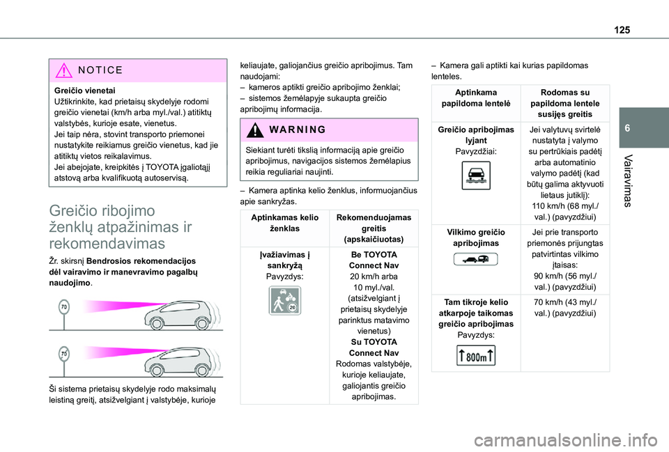 TOYOTA PROACE CITY 2021 Eksploatavimo vadovas (in Lithuanian) 125
Vairavimas
6
NOTIC E
Greičio vienetaiUžtikrinkite, kad prietaisų skydelyje rodomi greičio vienetai (km/h arba myl./val.) atitiktų valstybės, kurioje esate, vienetus.Jei taip nėra, stovint t TOYOTA PROACE CITY 2021 Eksploatavimo vadovas (in Lithuanian) 125
Vairavimas
6
NOTIC E
Greičio vienetaiUžtikrinkite, kad prietaisų skydelyje rodomi greičio vienetai (km/h arba myl./val.) atitiktų valstybės, kurioje esate, vienetus.Jei taip nėra, stovint t