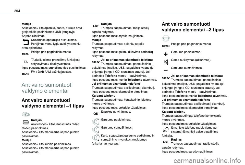 TOYOTA PROACE CITY 2021 Eksploatavimo vadovas (in Lithuanian) 204
MedijaAnkstesnio / kito aplanko, žanro, atlikėjo arba grojaraščio pasirinkimas USB įrenginyje.Sąrašo slinkimas.Dabartinės operacijos atšaukimas.Perėjimas vienu lygiu aukštyn (meniu arba TOYOTA PROACE CITY 2021 Eksploatavimo vadovas (in Lithuanian) 204
MedijaAnkstesnio / kito aplanko, žanro, atlikėjo arba grojaraščio pasirinkimas USB įrenginyje.Sąrašo slinkimas.Dabartinės operacijos atšaukimas.Perėjimas vienu lygiu aukštyn (meniu arba
