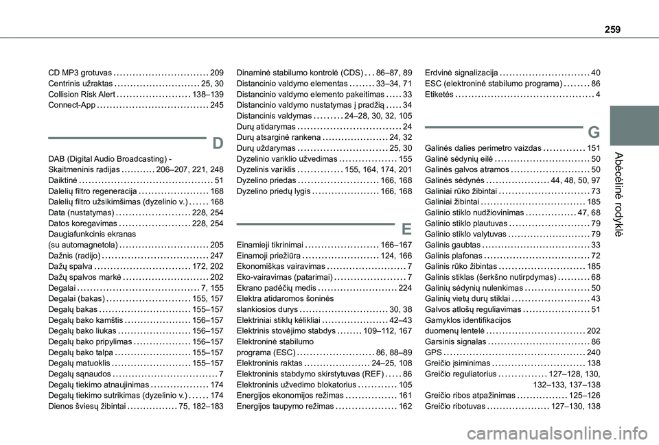 TOYOTA PROACE CITY 2021 Eksploatavimo vadovas (in Lithuanian) 259
Abėcėlinė rodyklė
CD MP3 grotuvas 209Centrinis užraktas 25, 30Collision Risk Alert 138–139Connect-App 245
D
DAB (Digital Audio Broadcasting) - Skaitmeninis radijas 206–207, 221 TOYOTA PROACE CITY 2021 Eksploatavimo vadovas (in Lithuanian) 259
Abėcėlinė rodyklė
CD MP3 grotuvas 209Centrinis užraktas 25, 30Collision Risk Alert 138–139Connect-App 245
D
DAB (Digital Audio Broadcasting) - Skaitmeninis radijas 206–207, 221